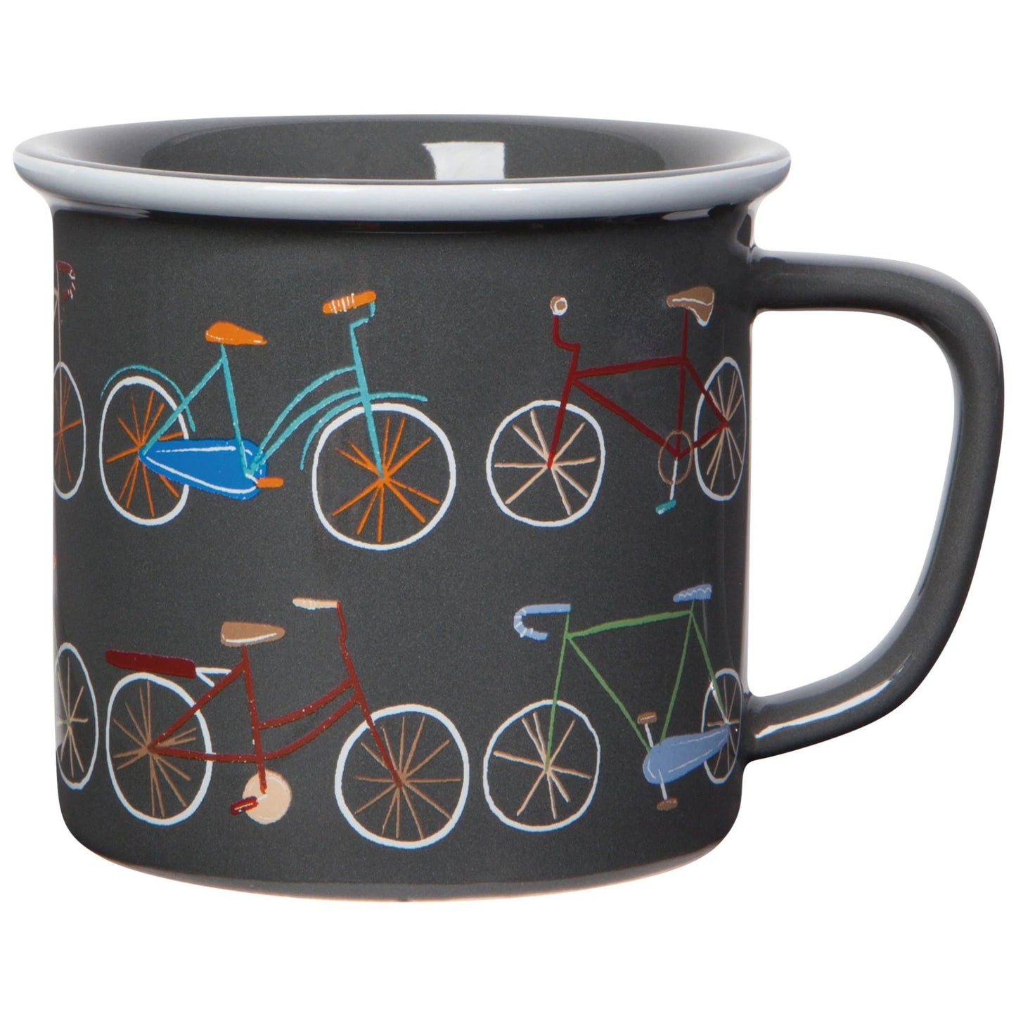 grey mug with colorful bikes printed on it.