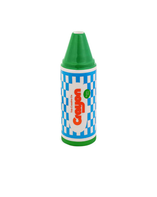 green crayon vase with blue check design shown on a white background.