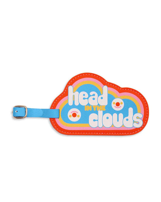 cloud shaped luggage tag with red, pink,yellow and blue boarded and blue center with "head in the clouds" printed on it.