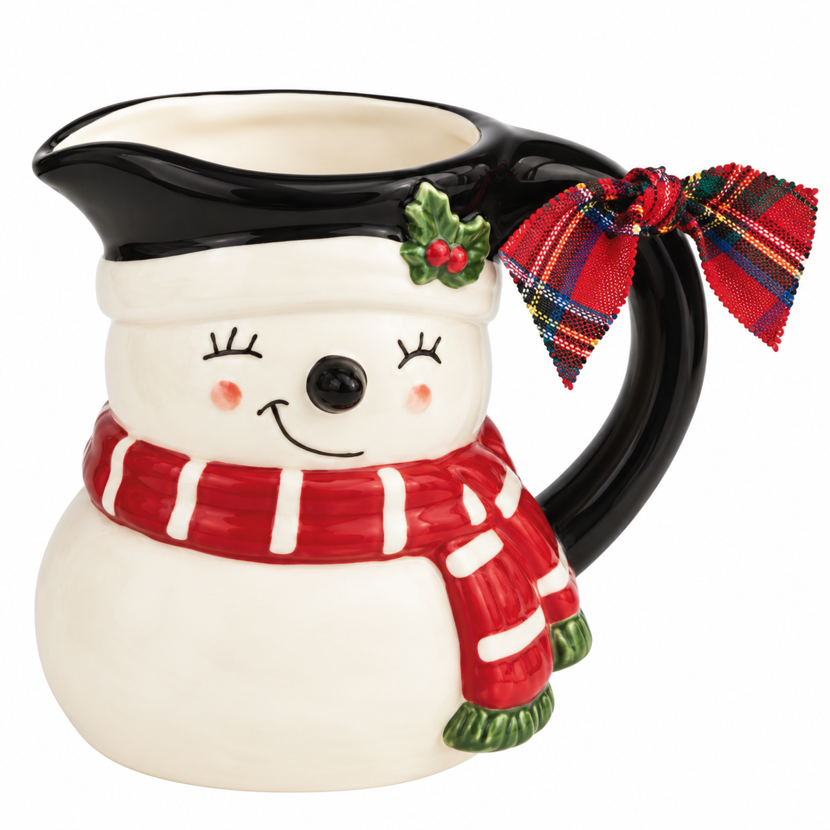 A ceramic snowman pitcher bud vase with a black handle and hat, a red and white striped scarf, and a red plaid bow on the side, set against a plain white background.