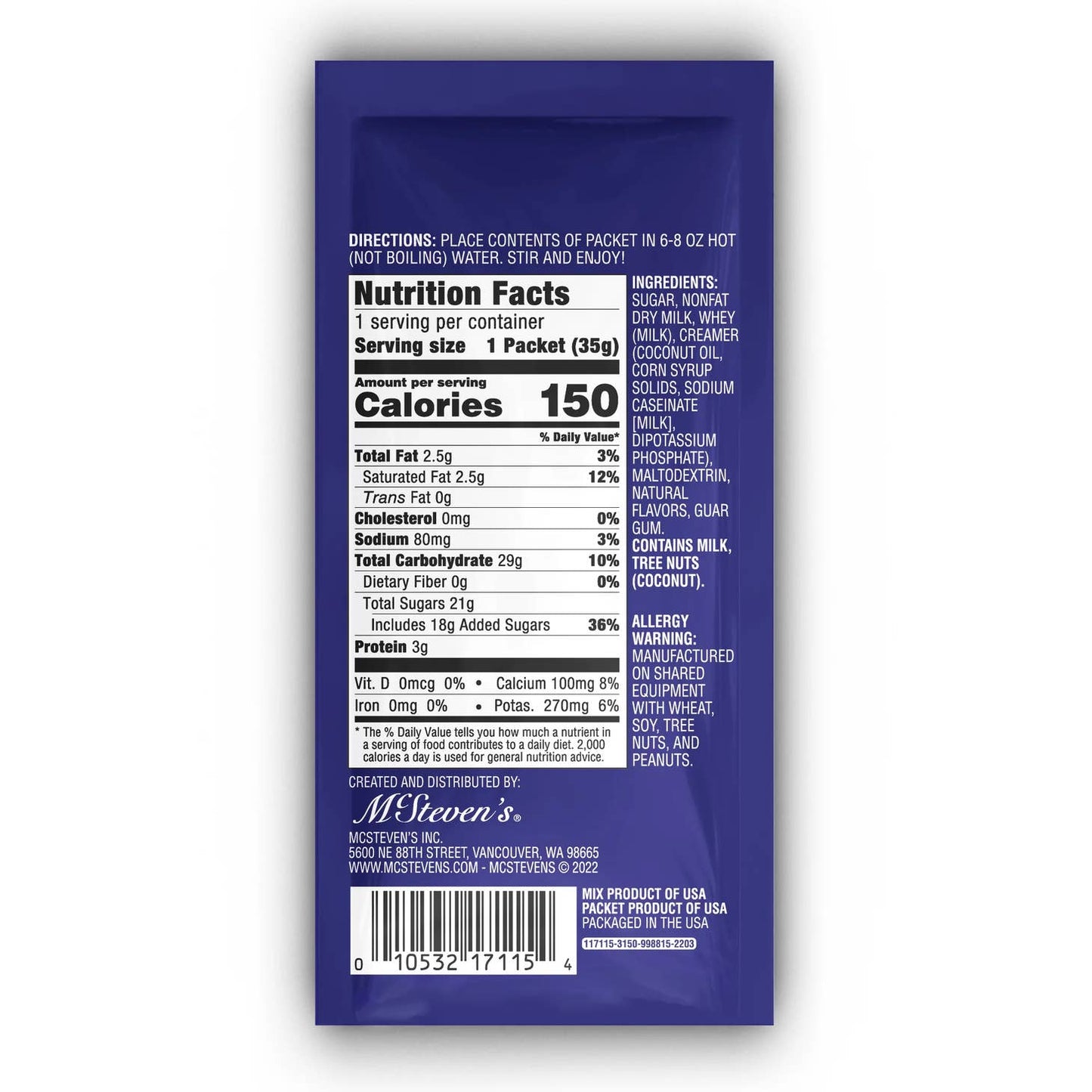 Image of the back of packet showing nurtrition facts and ingredient list. Please call 501-327-2182 for more information.