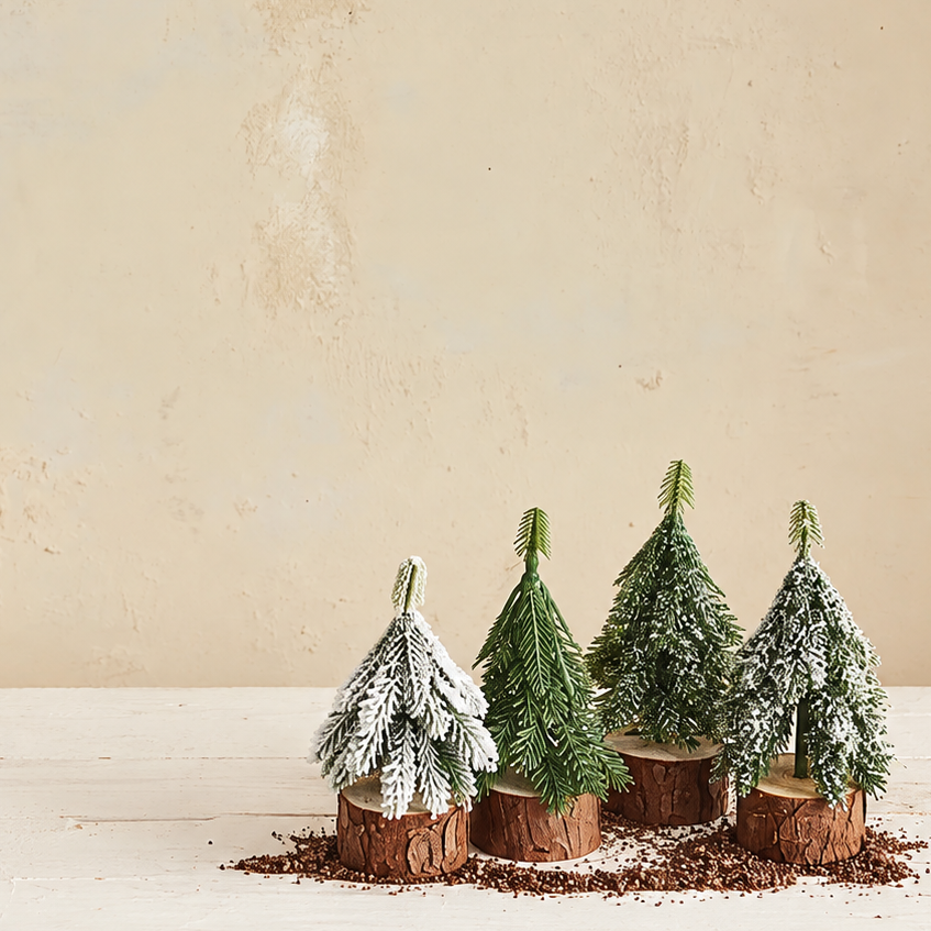 Four miniature artificial Christmas trees in different green shades, some dusted with white faux snow, arranged on a rustic wooden surface with soil at their bases against a textured beige wall.