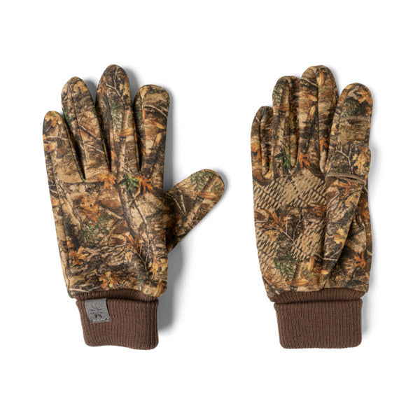 pair of gloves with camouflage pattern shown on a white background