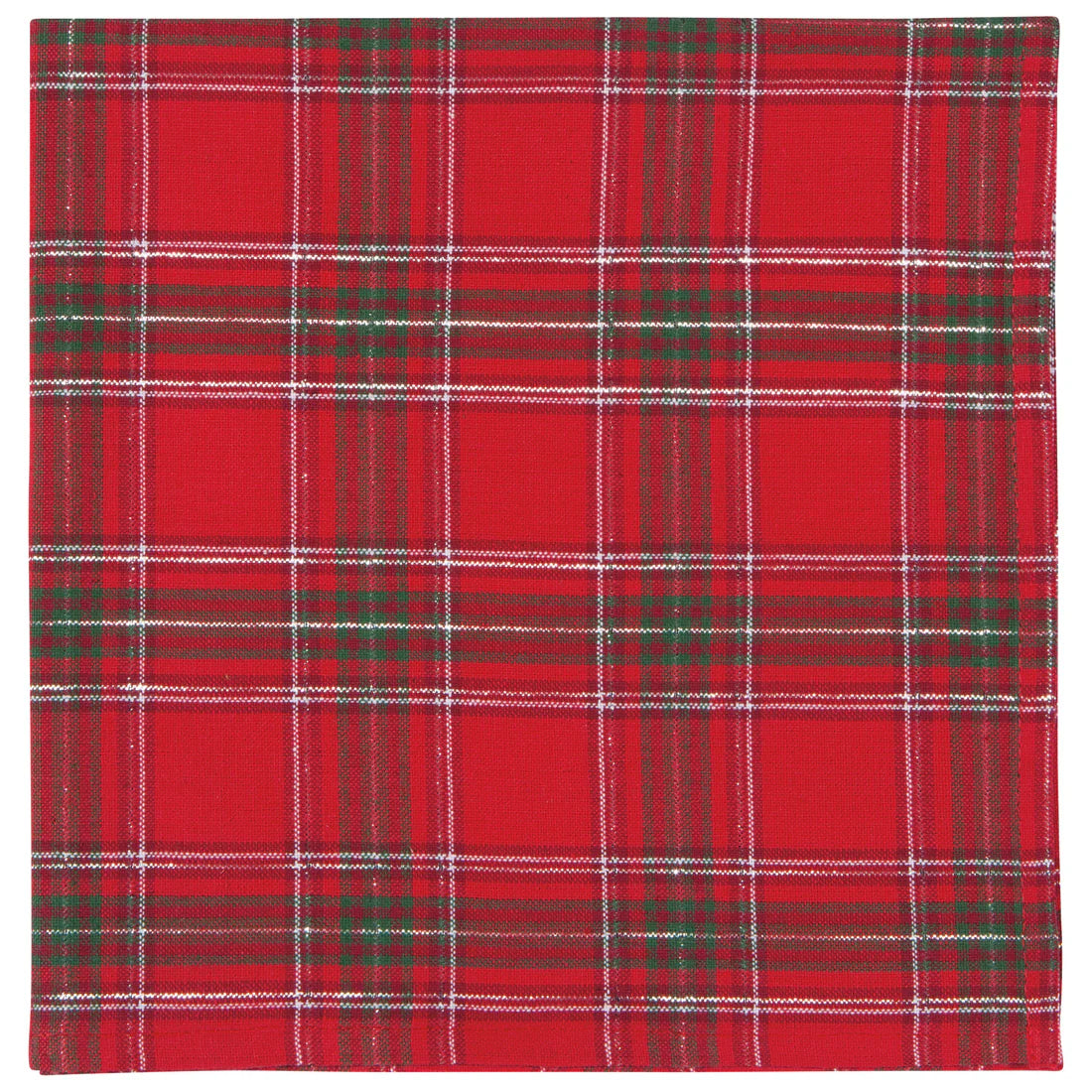 plaid napkin with white, red, and green design.
