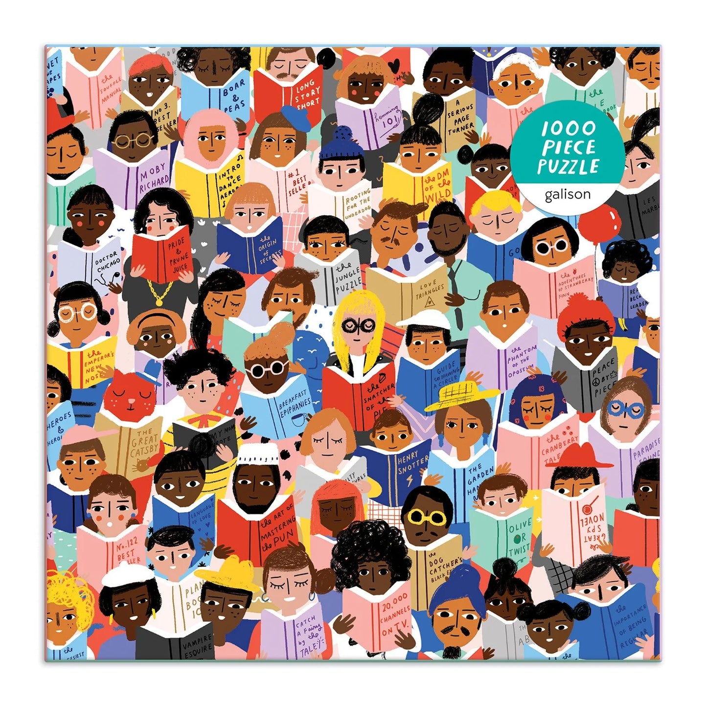1000 piece puzzle packaging with illustrated people reading books, featuring a diverse group of characters.