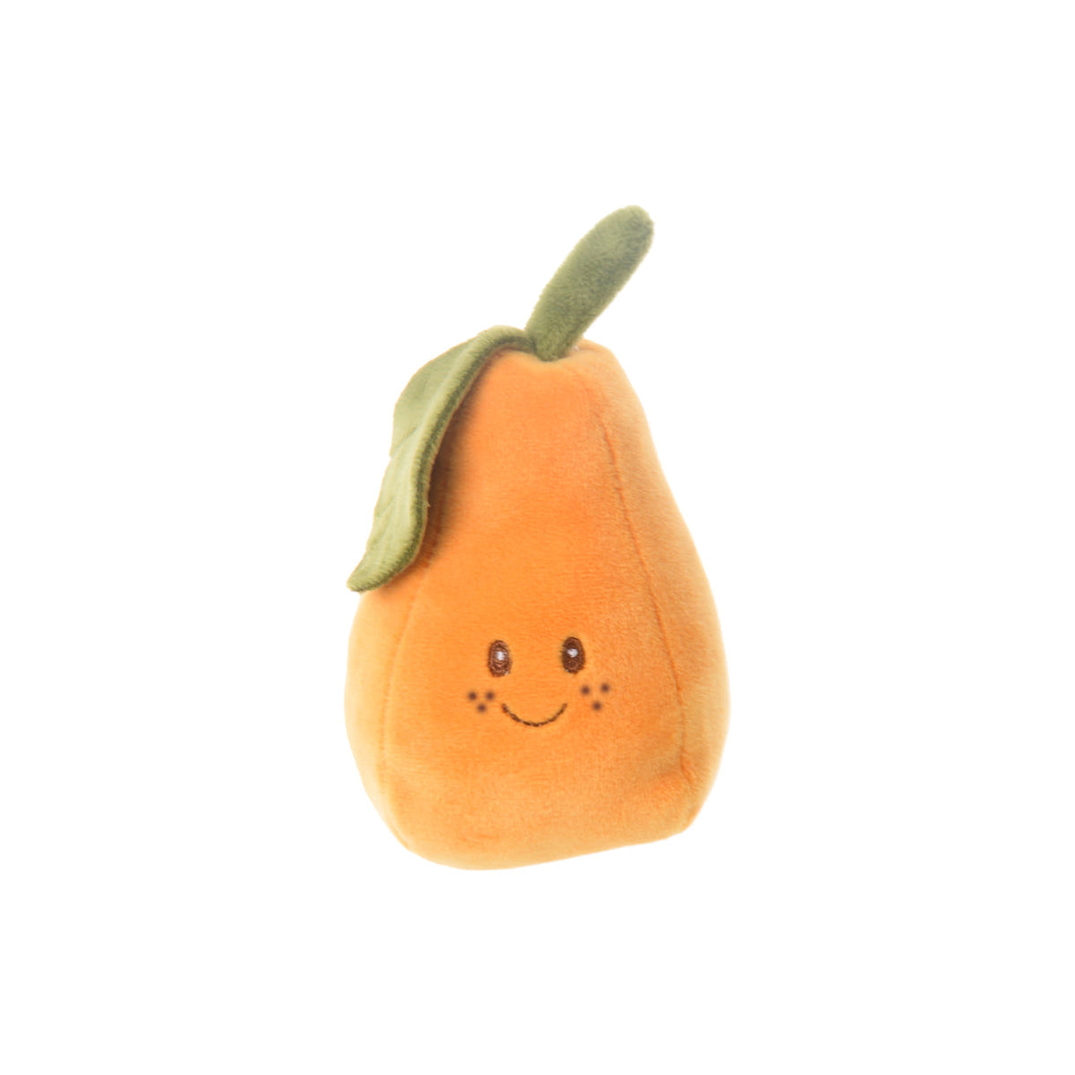 Plush pear bag charm with a smiley face on a white background