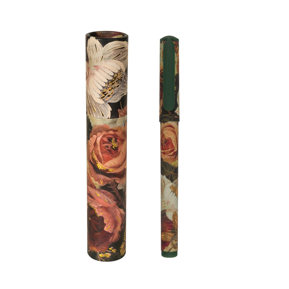 A decorative pen and its matching cylindrical case, both featuring a vintage floral print with pink peonies, white lilies, and green leaves on a dark background.