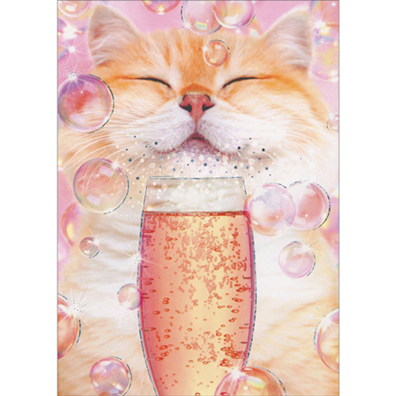 front of card is an orange fluffy cat with a champagne flute and bubbles on a pink background