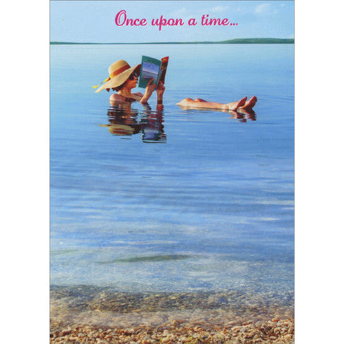 front of card is a woman floating in a lake reading a book