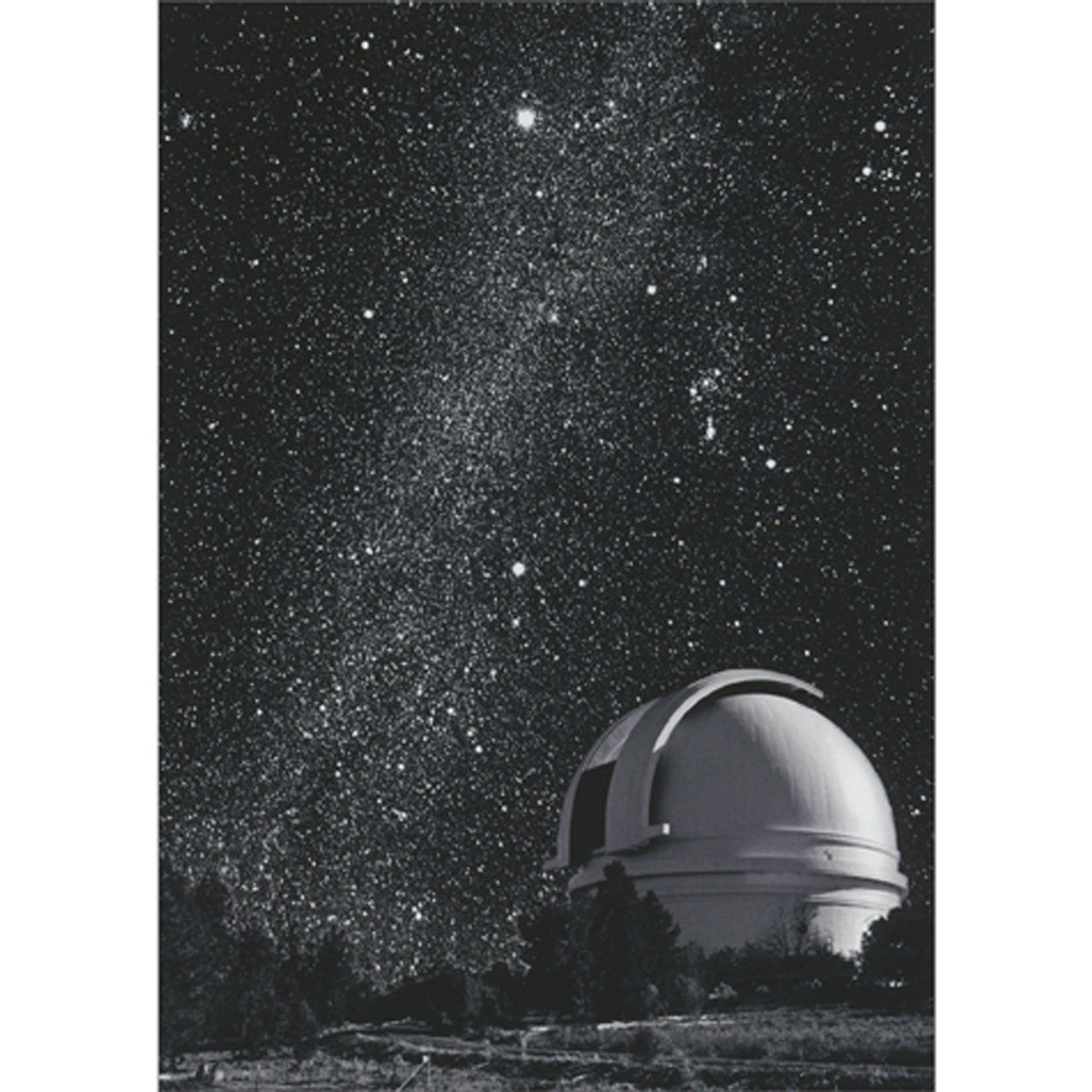 front of card is a dome shaped building with a background view of the milky way in black and white