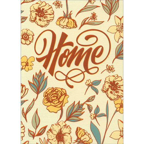 front of card is brown lettering and flowers on a light yellow background