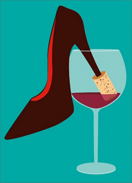 front of card is a black high heel with a cork on the back dipped in a glass of red wine