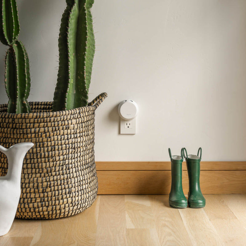Pura Device 4 plugged into a wall outlet with a pair of green boots and a cactus set on the floor near it.