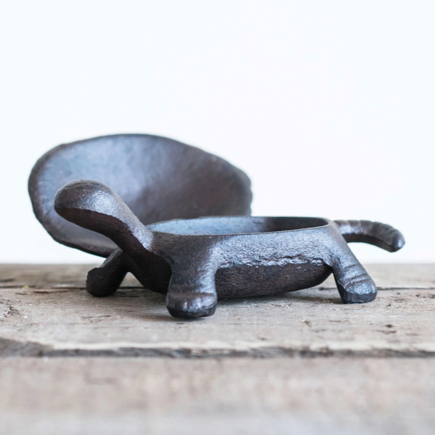 side view of open cast iron turtle key box