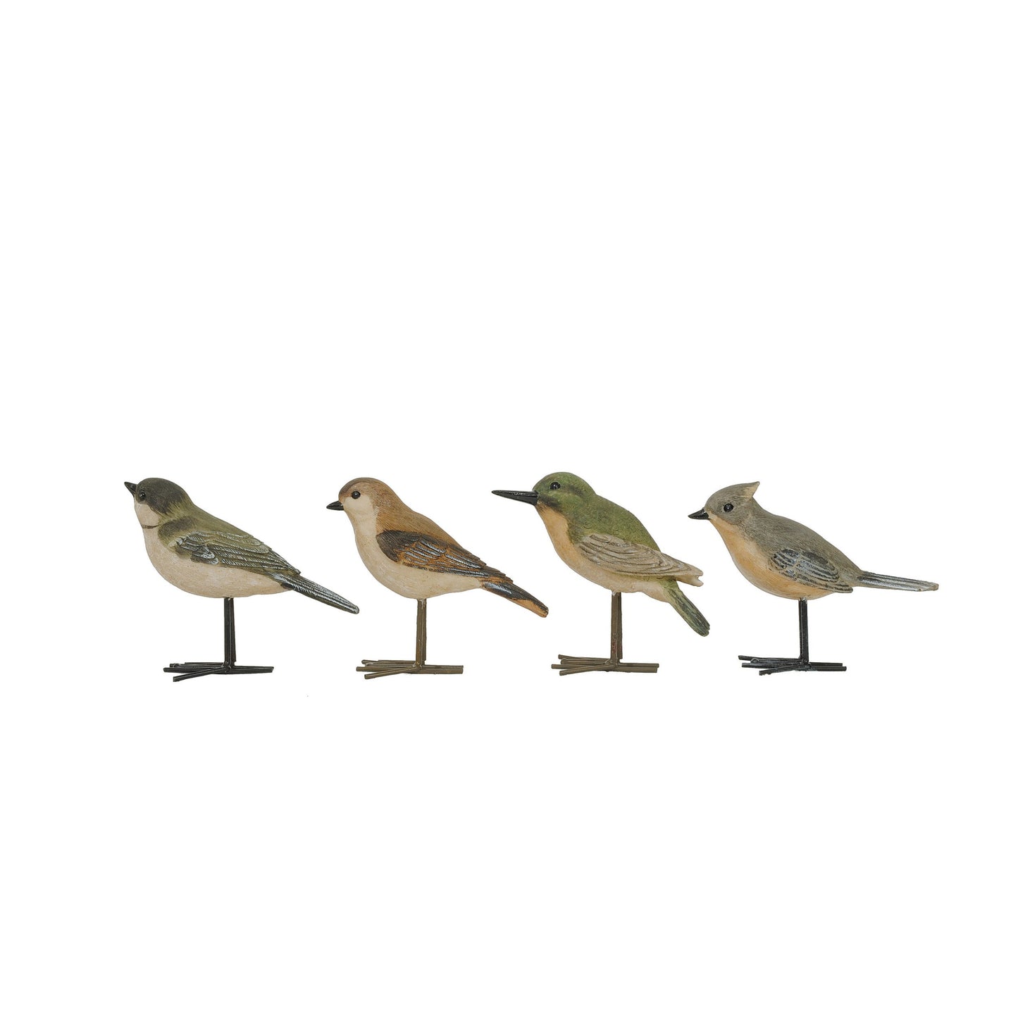4 assorted little bird figurines in a row on a white background