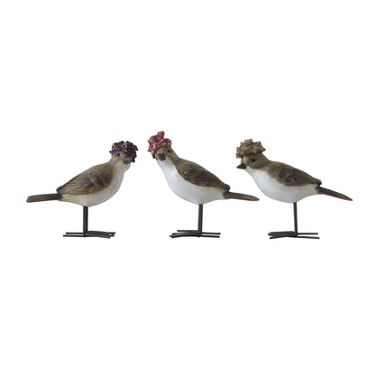 3 styles of birds wearing flower hats in a row on a white background.