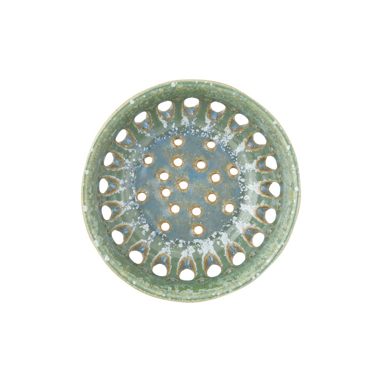 top view of blue and green berry bowl.