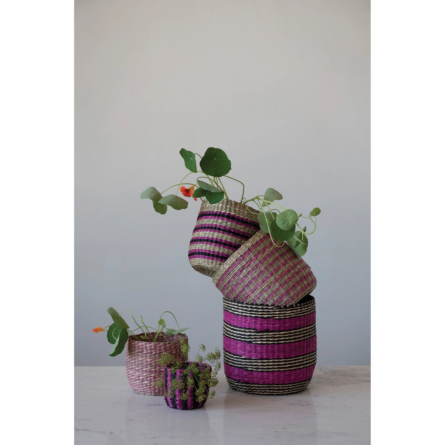 5 sizes and styles of pink, black, and natural seagrass baskets arranged on a marble countertop, 3 baskets have plants in them.