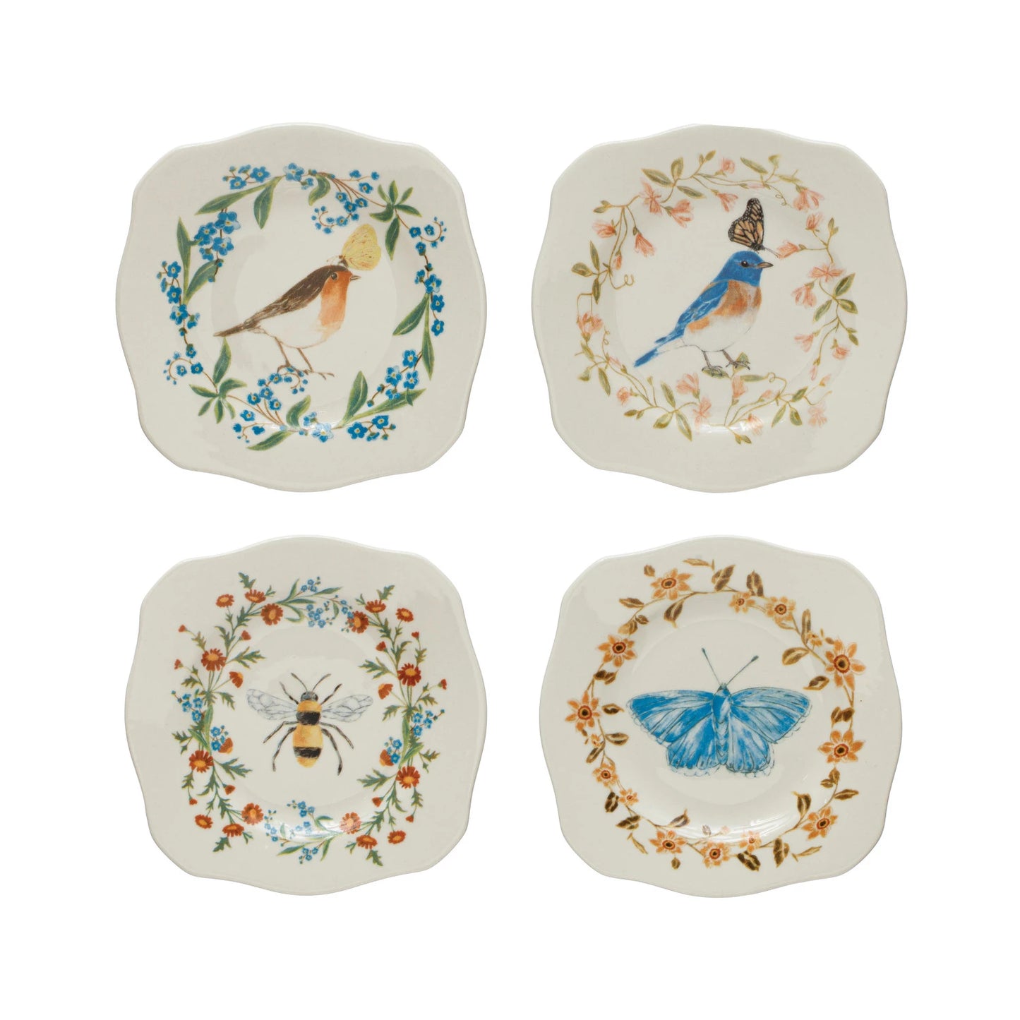4 assorted scalloped rimmed plates with bird, a bee, or a butterfly in the center