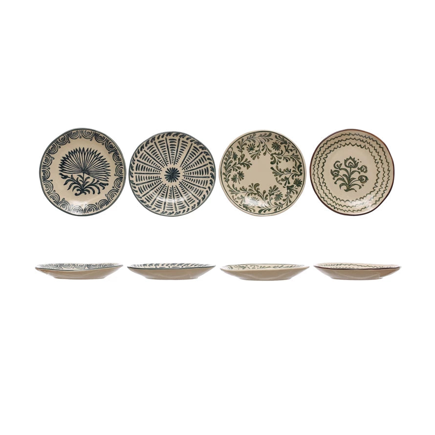 4 assorted plates shown in top view and side view on a white background.