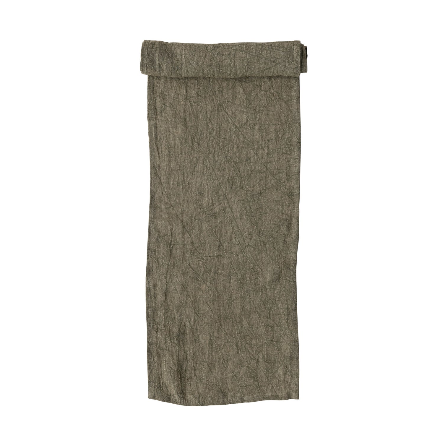 olive green table runner partially rolled on one end.