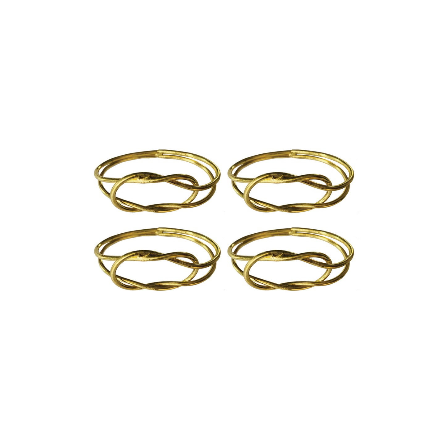 4 gold knot napkin rings arranged on a white background.