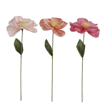 3 colors of paper flowers on a white background.