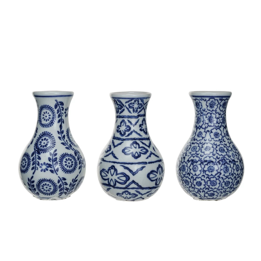 3 styles of blue and white patterned vases on a white background.