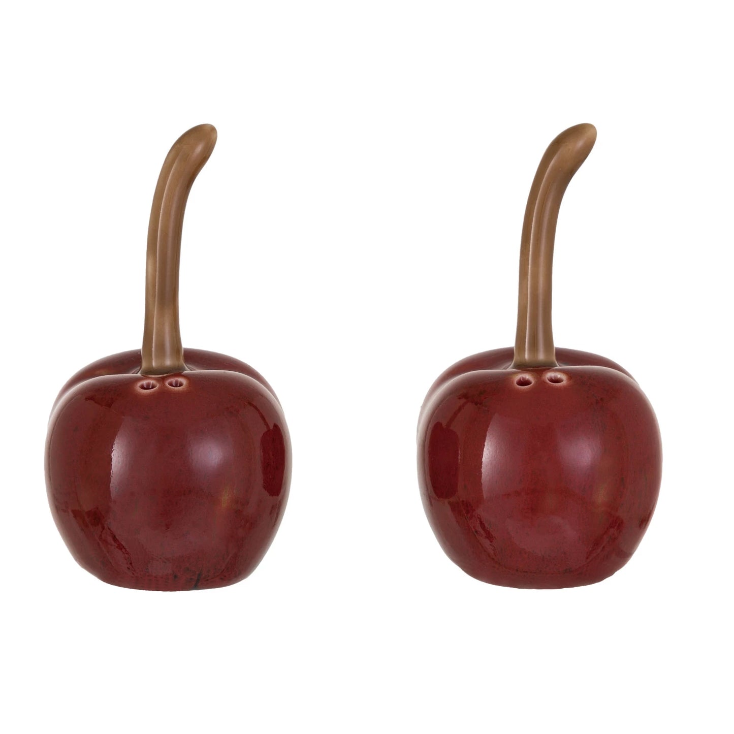 2 cherry shaped shakers with stems on a white background.