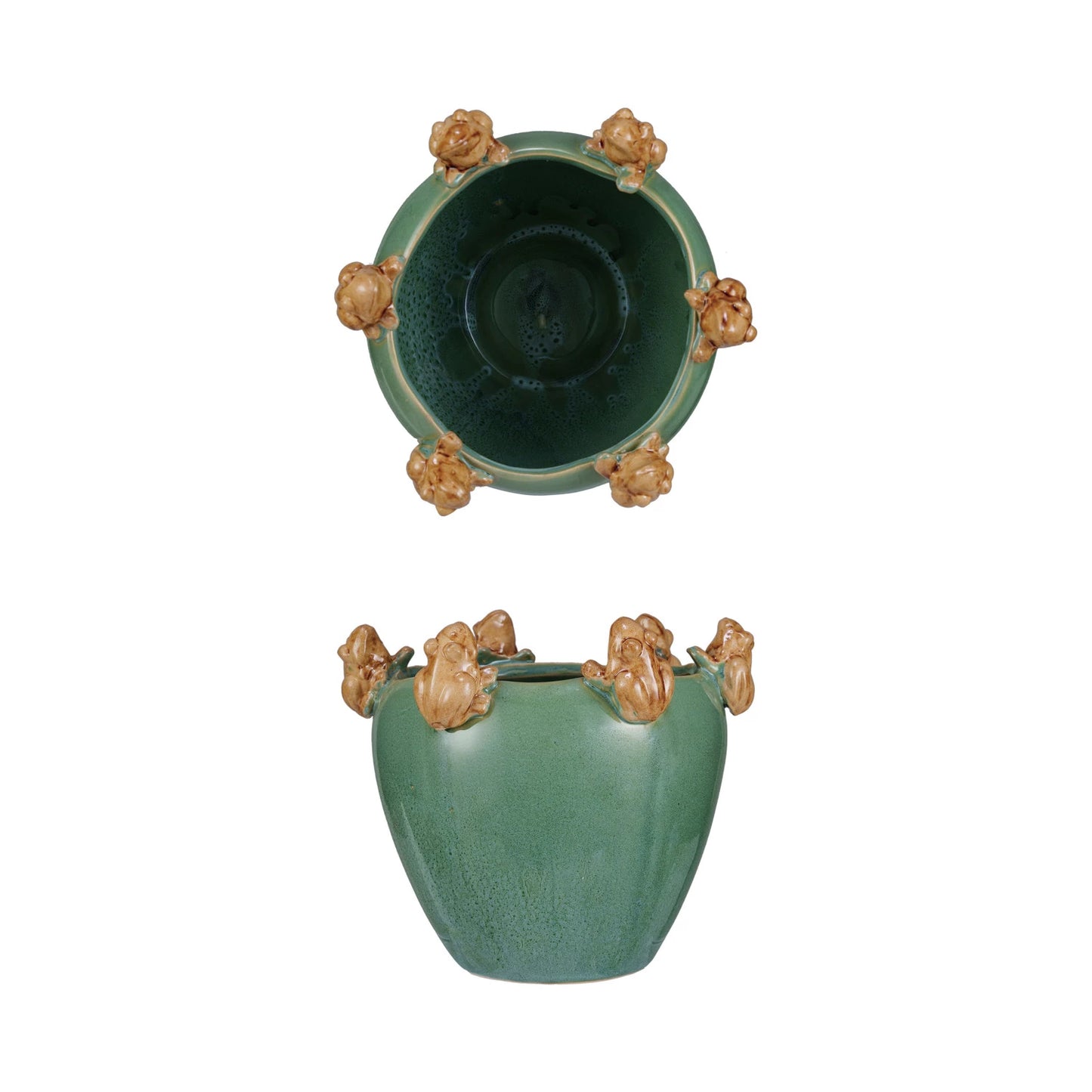 top view of side view of a green pot with frogs around the rim.