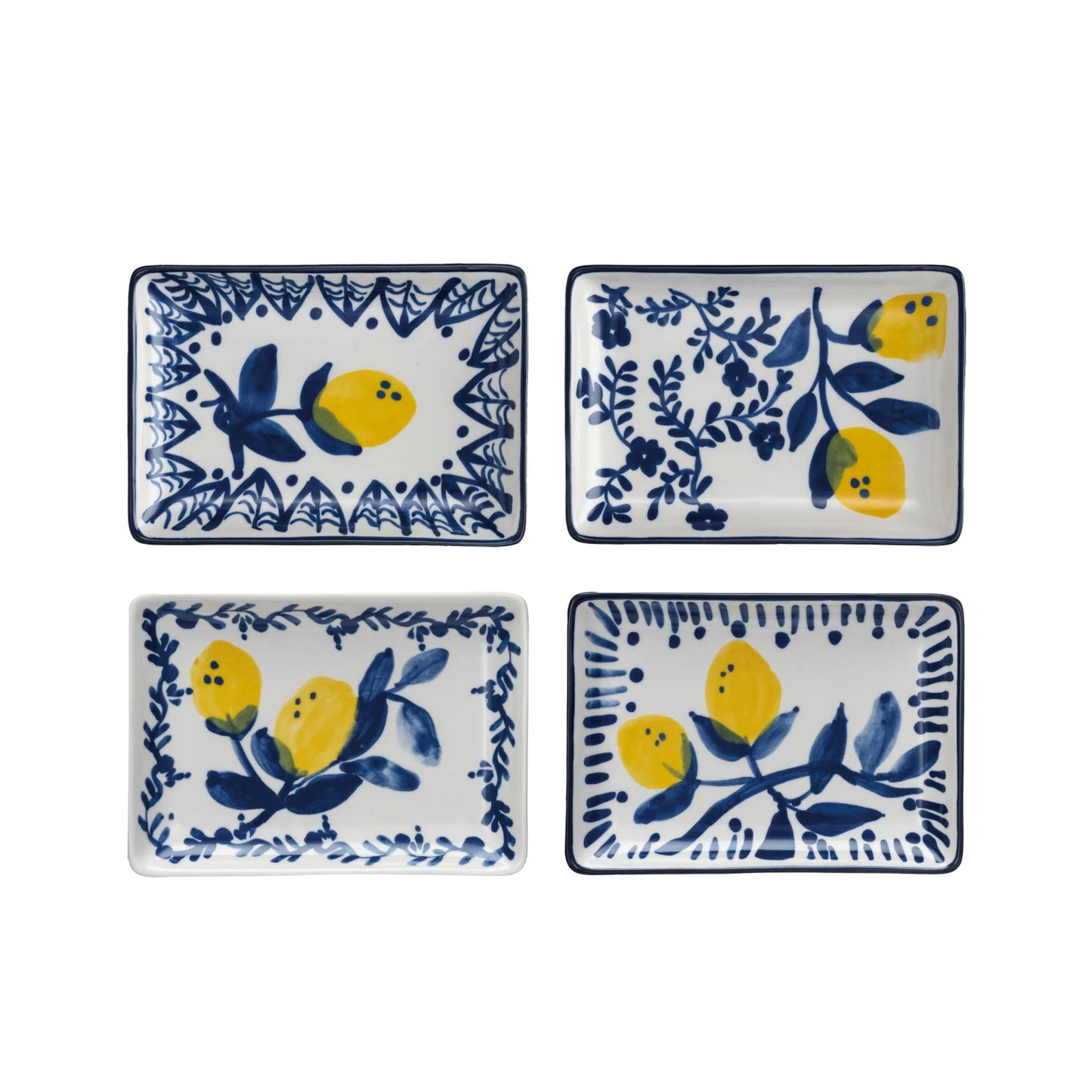 4 sytles of blue and white dishes with lemons painted on them.