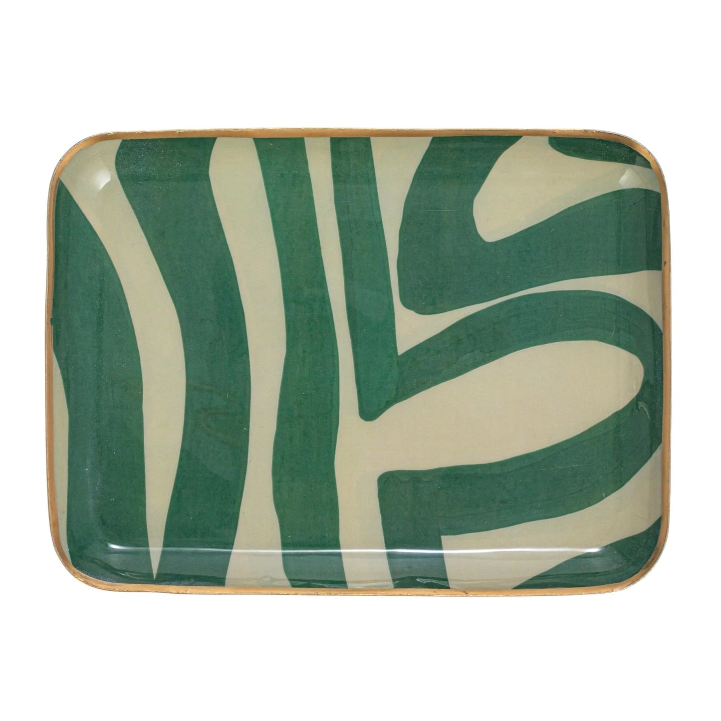 large Enameled Metal Tray with green line Abstract Design
