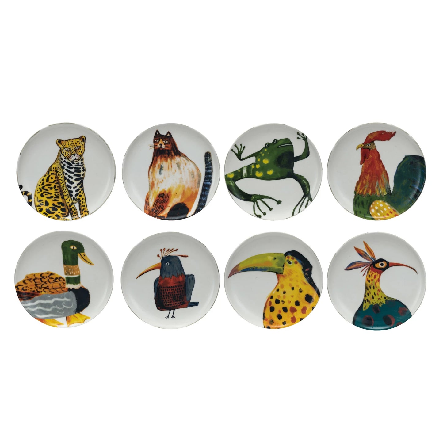 8 assorted plates with animal or bird artwork on them in 2 rows on a white background.