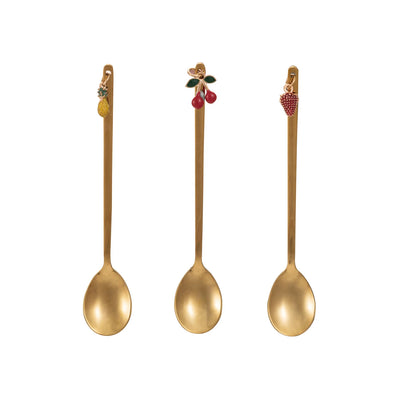 3 styles of fruit charm spoons on a white background.