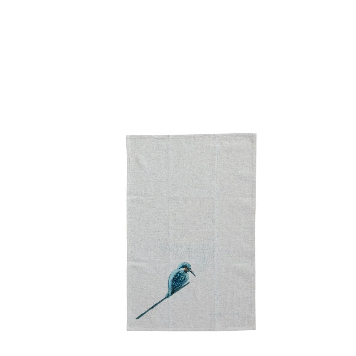 off-white tea towel with image of a blue bird near the bottom