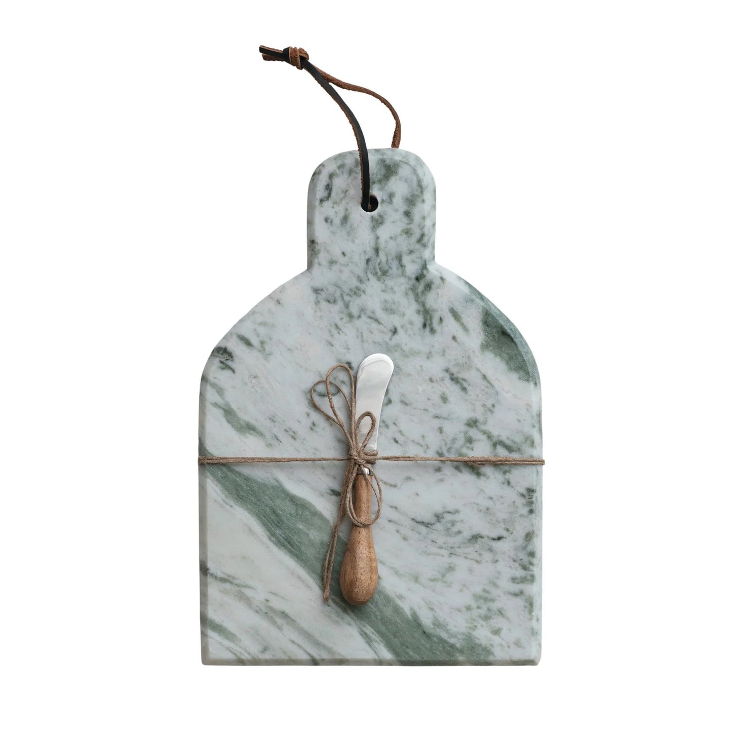 green and white Marble Cheese Board with Knife on a white background