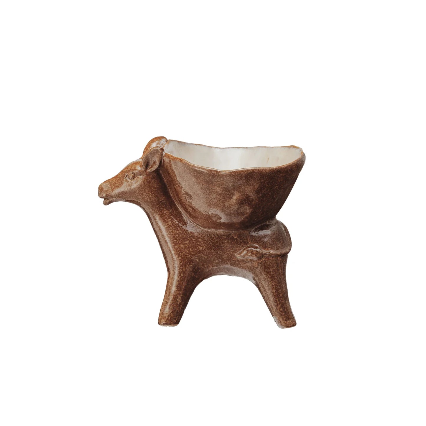 brown ceramic donkey with bowl on its back shown on a white background.
