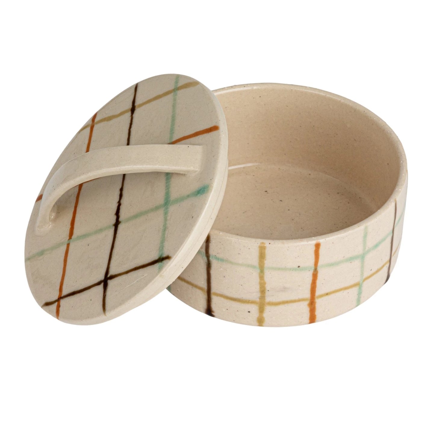 canister with lid set askew showing interior.