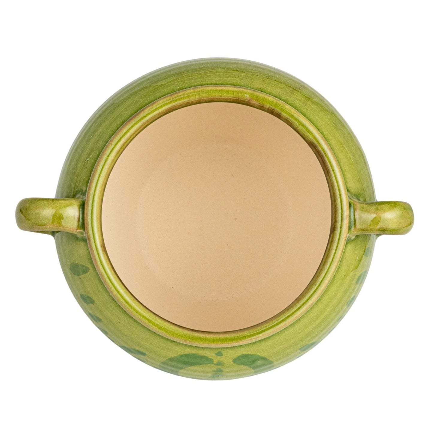 Top view of green Terracotta Urn with handles showing round opening.