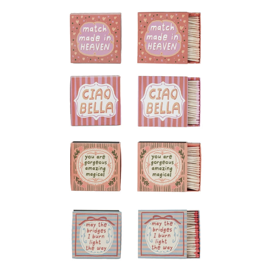 4 styles of matchboxes, some are open showing matches inside