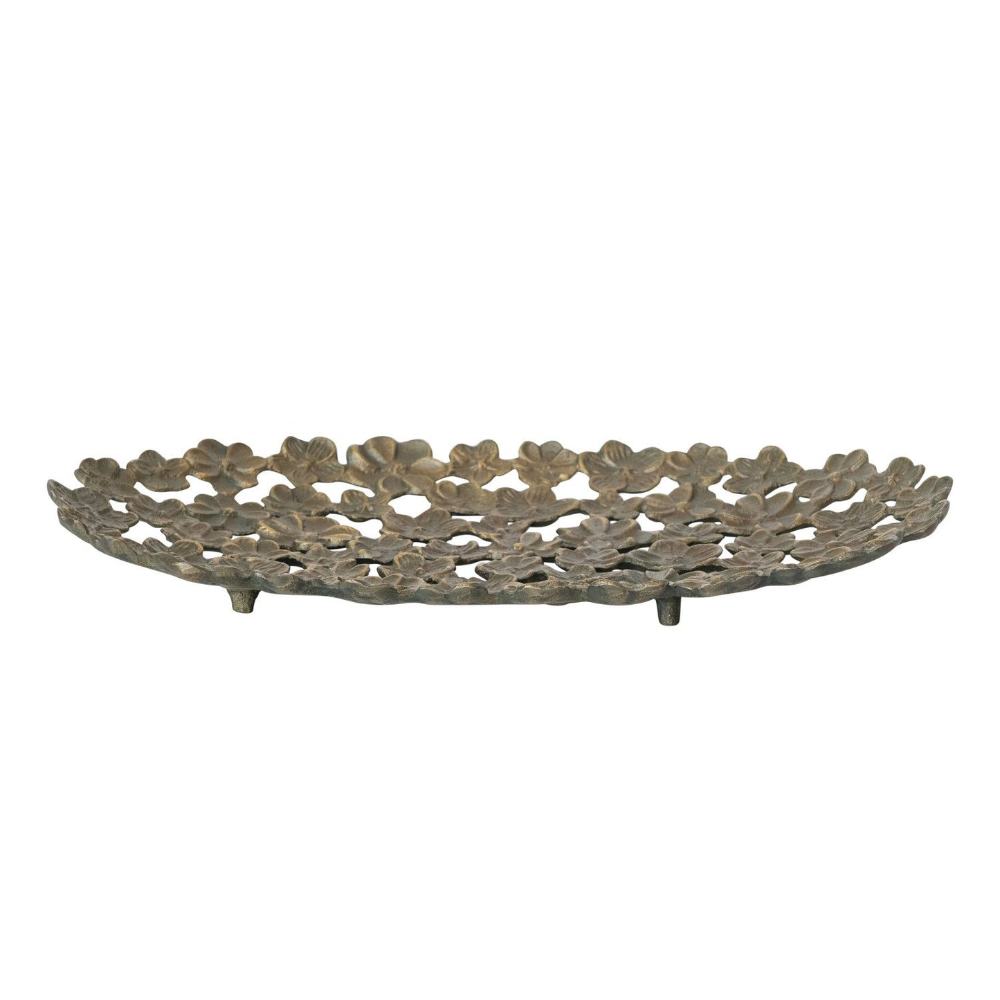 side view of the Antique Gold finish flower tray showing a slight curve and little metal feet