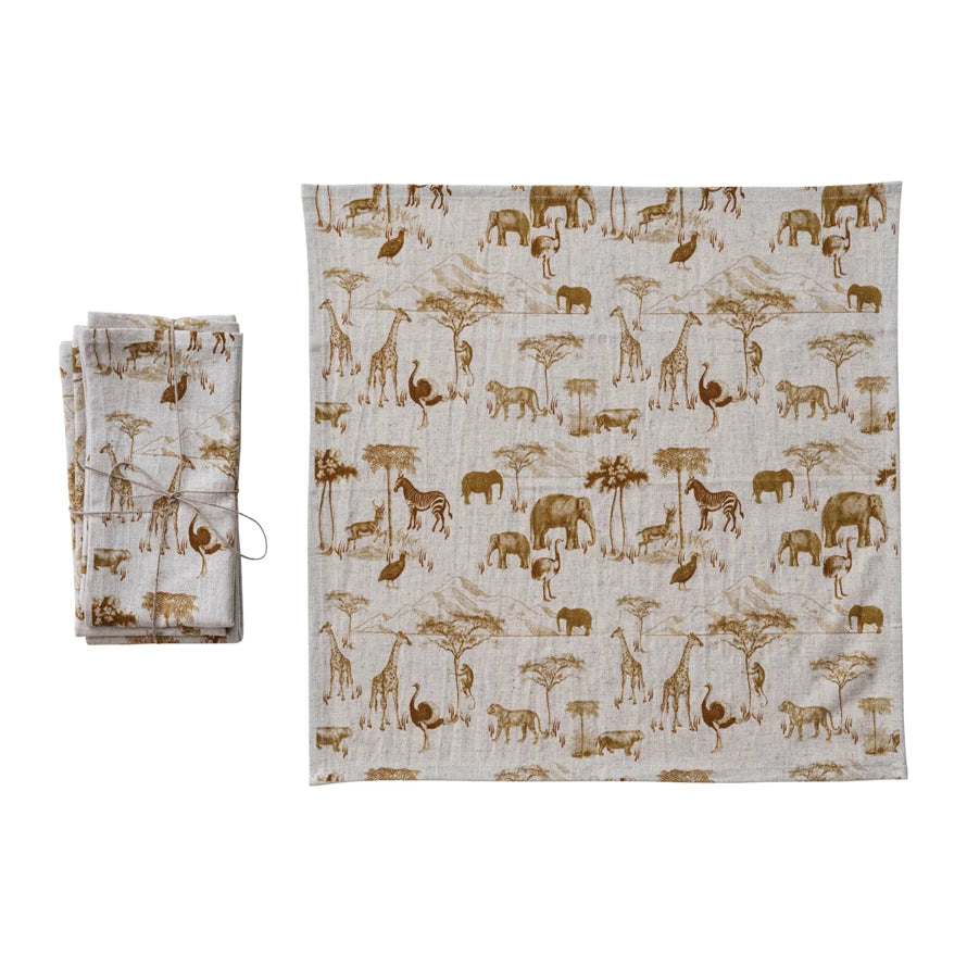 Cotton Linen Napkins with Animals Design laying flat with a set of napkins set next to it