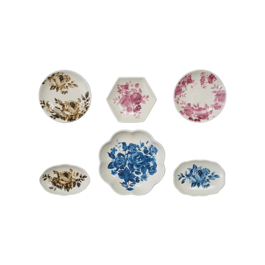 six decorative mini plate magnets with floral patterns on a white background
