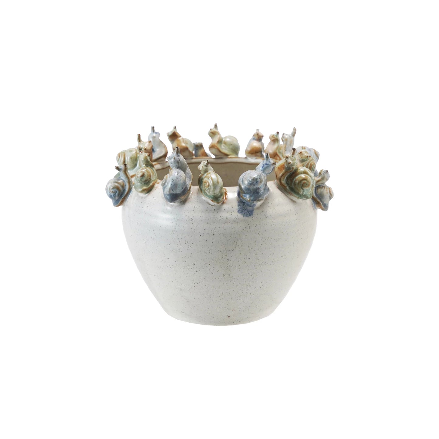 Decorative ceramic planter with snails on the rim shown on a white background