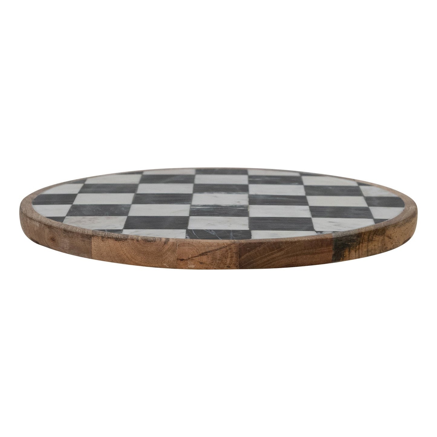 side view of black and white check lazy susan