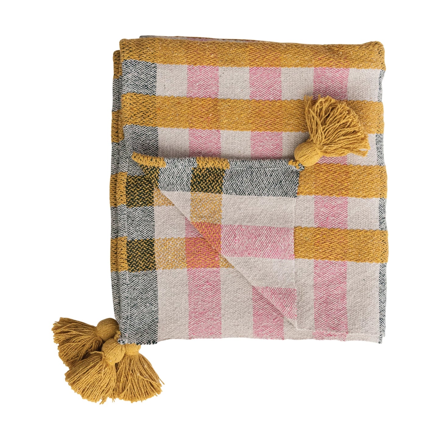 folded Checkered blanket with corner tassels shown on a white background