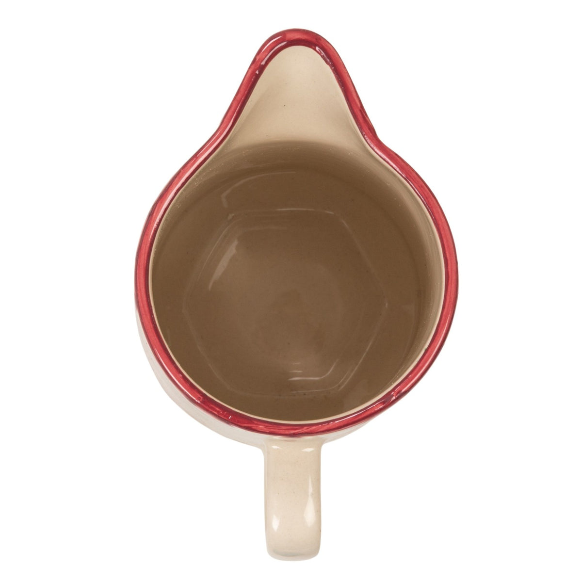 top view of An off-white ceramic pitcher a dusty red rim