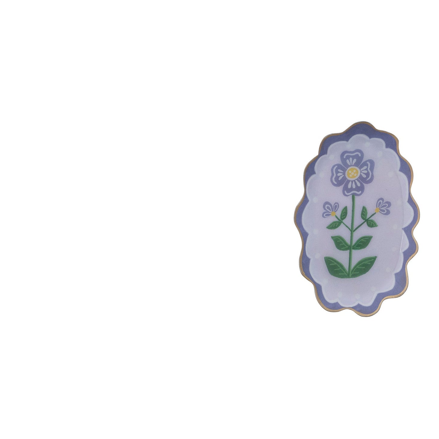 oval purple tray with bright purple floral design in the center