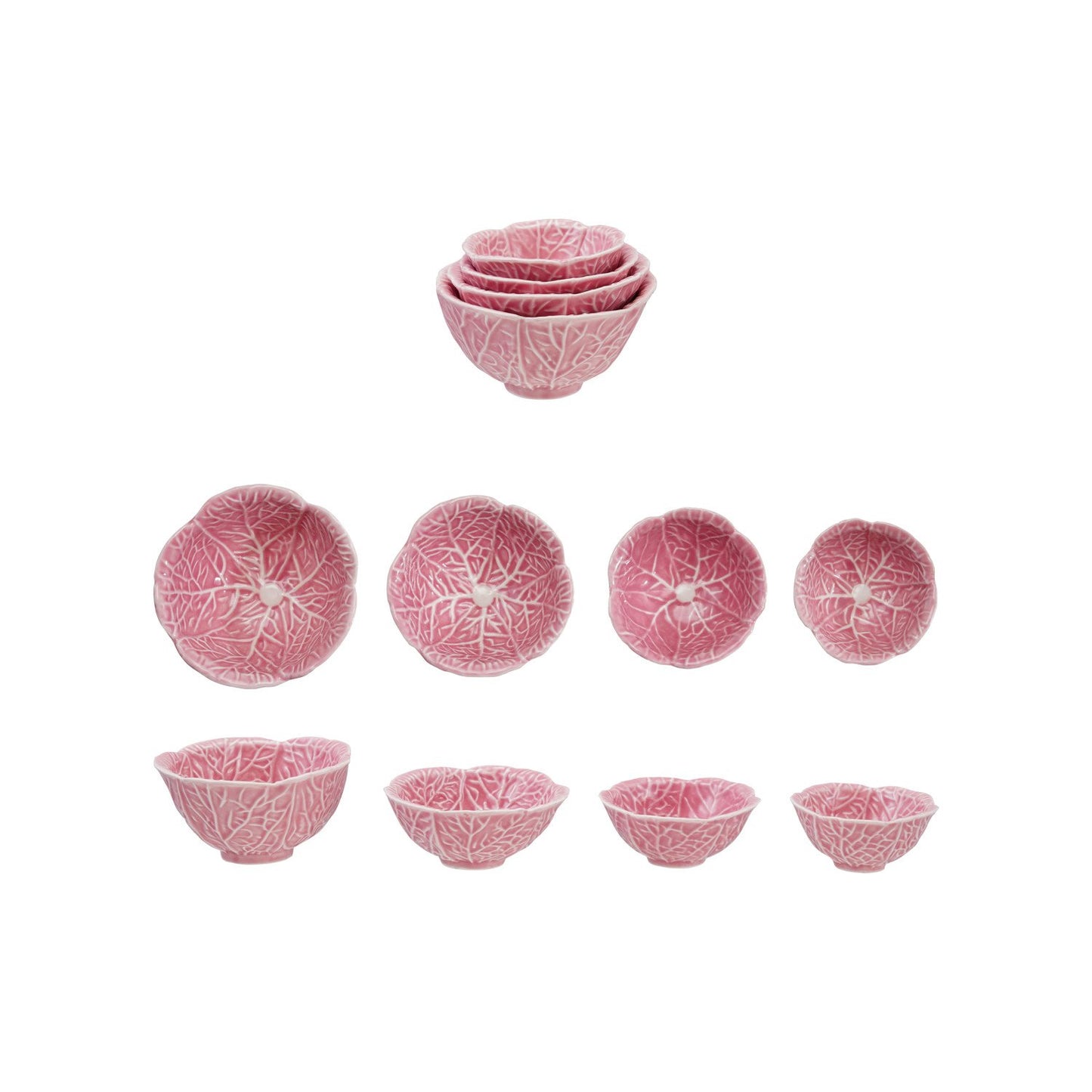 3 views of Stoneware Pink Cabbage Prep Bowl sets, one set nested, one showing top view of bowls, and the other showing side view of bowls
