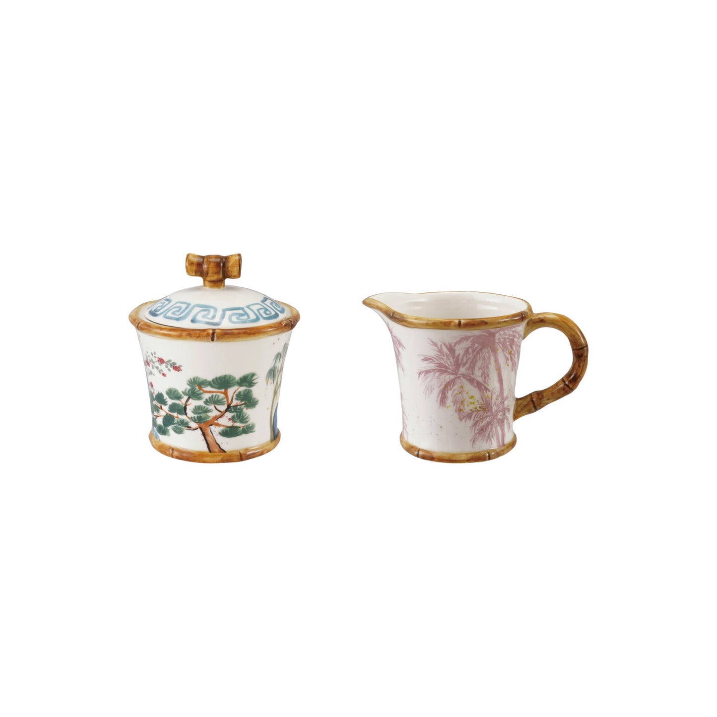 creamer and sugar next to each other each with trim to look like bamboo